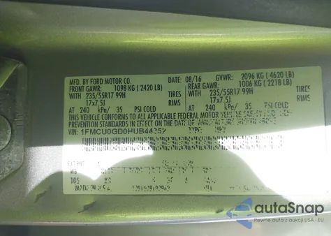 2017 Ford Escape Se from USA, damaged, VIN 1FMCU0GD0HUB44352